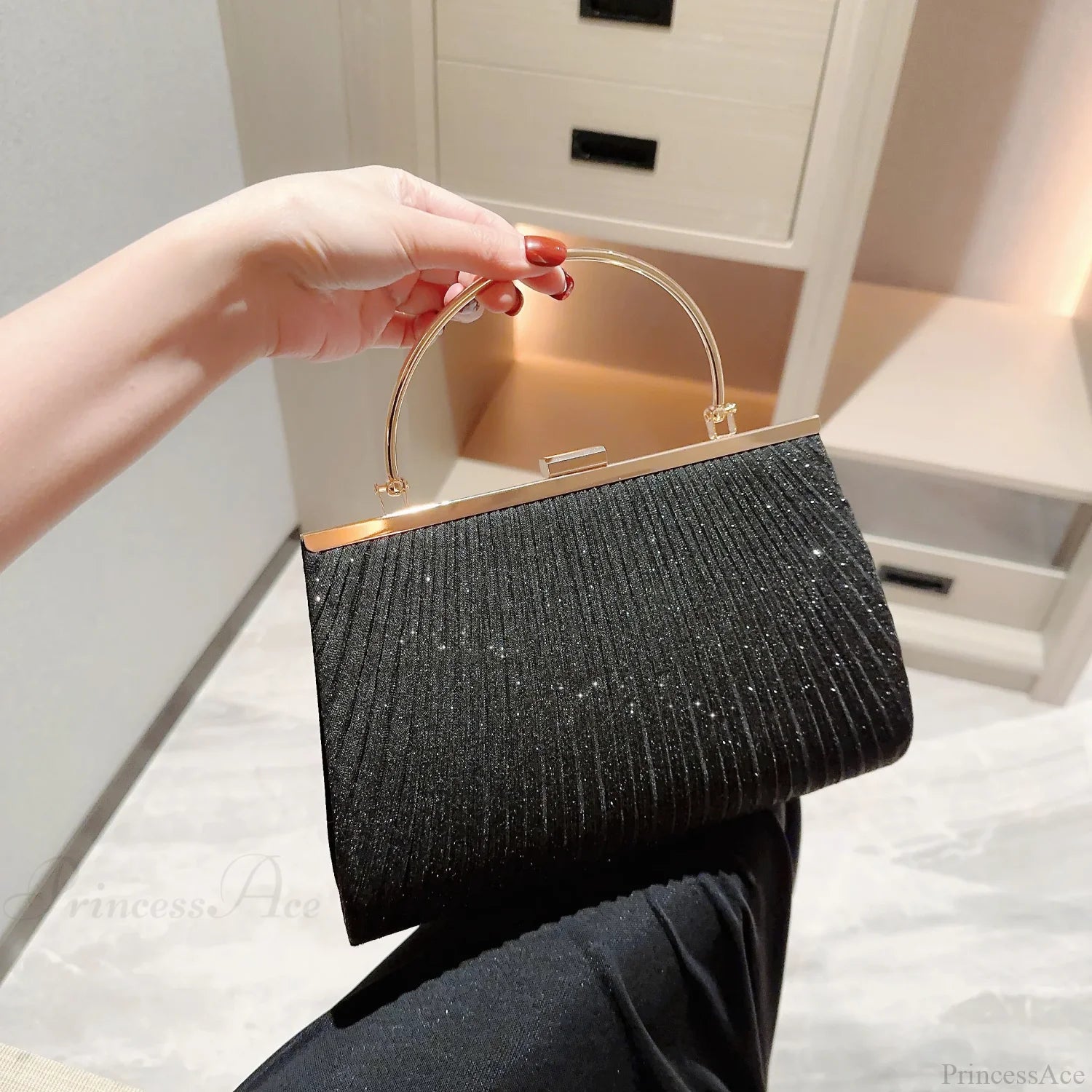 Classic Pleated Sparkling Evening Handbag Black / (20cm handbag-250126