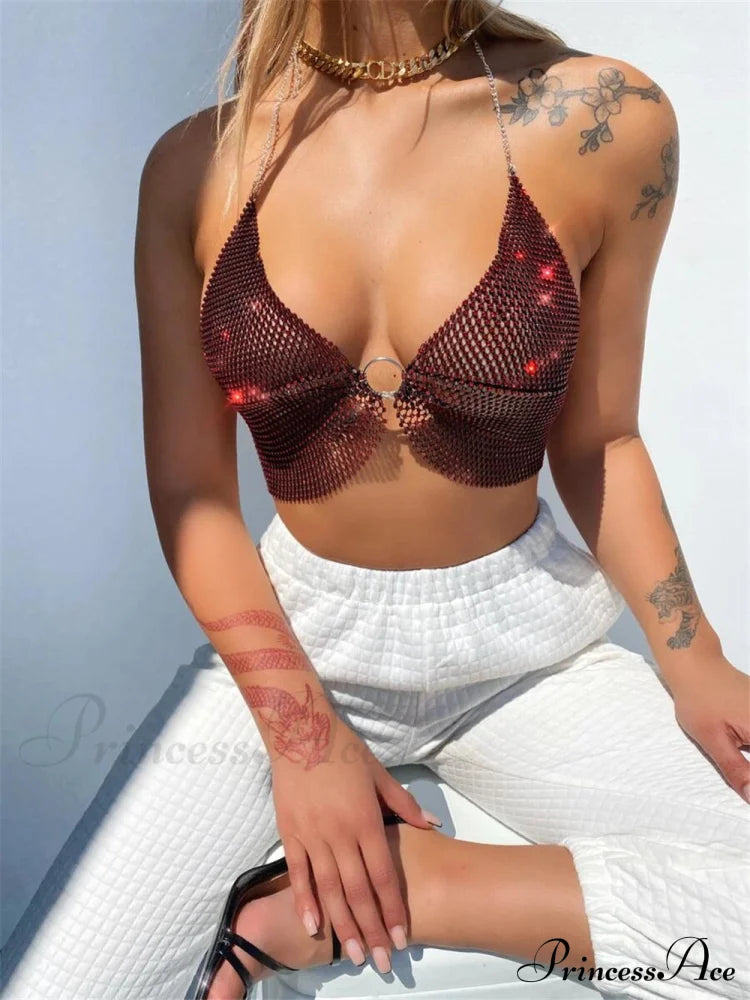 Coastal Club Piece Top Halter Warm-Season Set Festival Two Rhinestones Outfits Crop Tank Party Tops