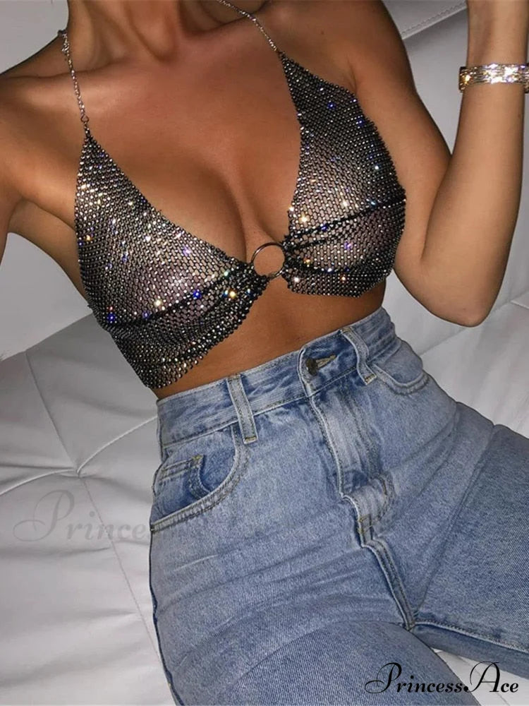 Coastal Club Piece Top Halter Warm-Season Set Festival Two Rhinestones Outfits Crop Tank Party Tops