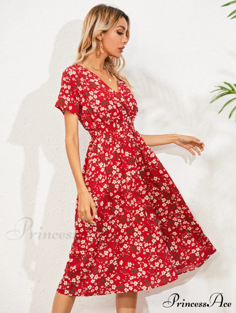 Coastal Short-Sleeved Gown Chiffon V-Neck A-Line Warm-Season Robe M / Green Dresses