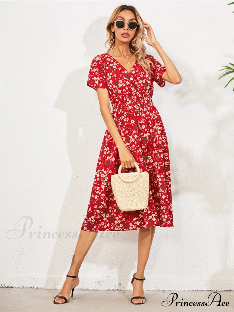 Coastal Short-Sleeved Gown Chiffon V-Neck A-Line Warm-Season Robe M / White Dresses