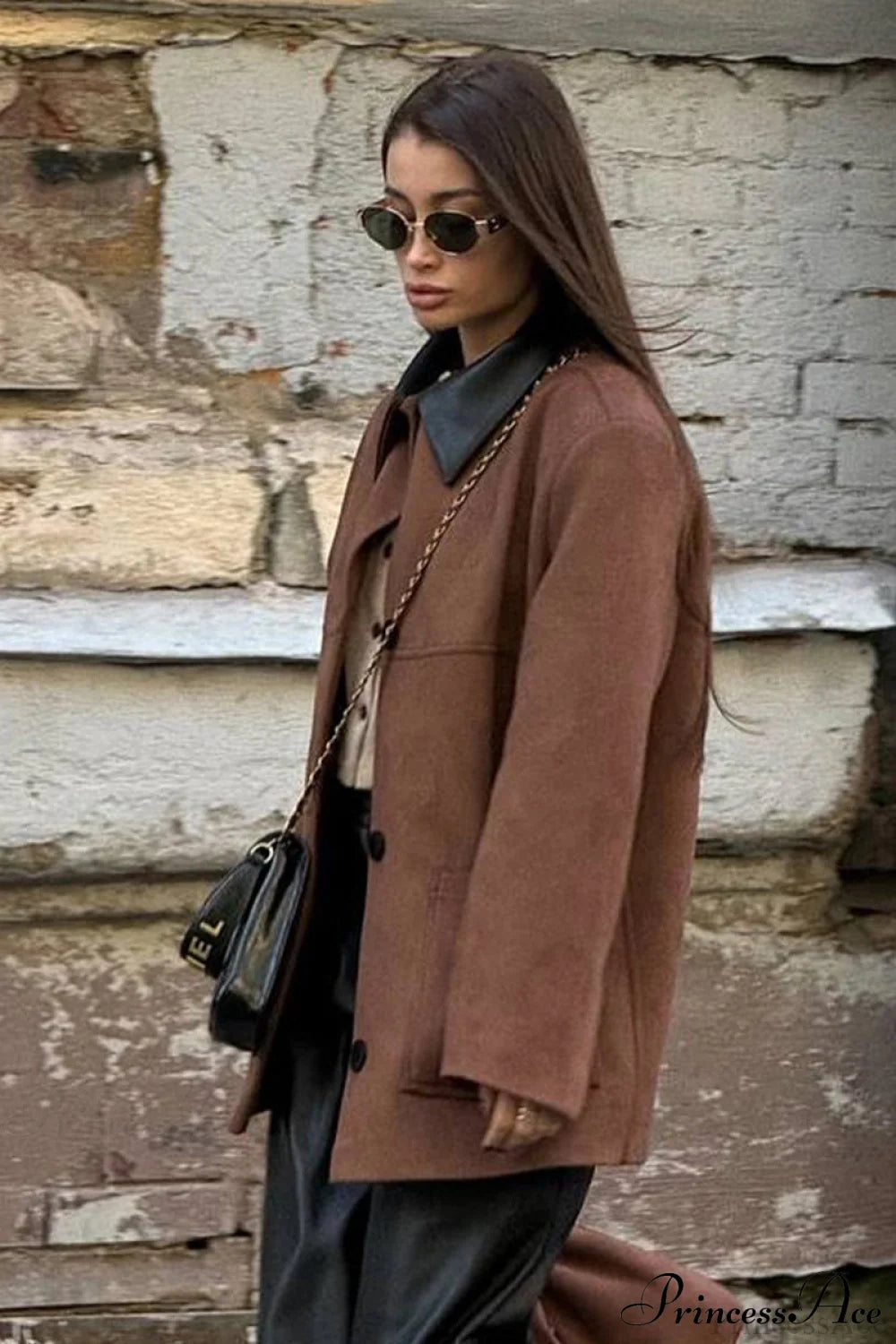 Coffee Suede Paneled Black Collar Loose Coat