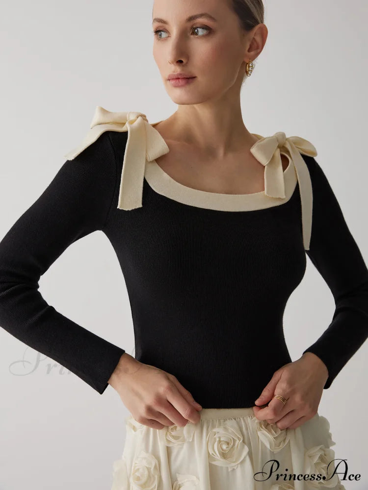 Contrast Bow Crew Trendy Neck Knit Top Black / Xs Sweaters-L