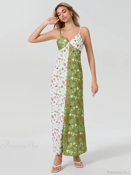 Contrast Color V-neck Spaghetti Strap Slip Floral Dress floraldress-250126