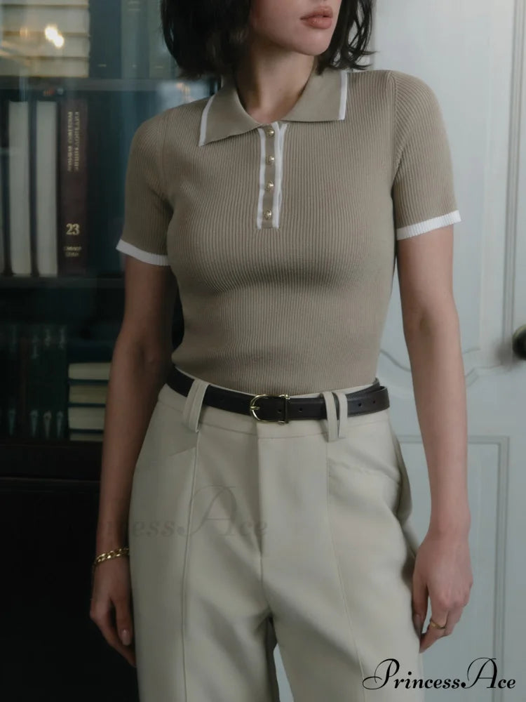 Contrast Trim Metal Trendy Button Knit Top Sweaters-L