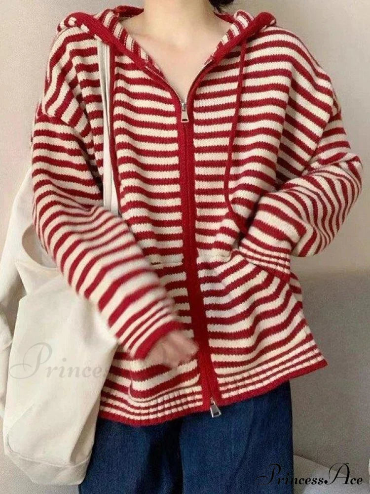 Contrasting Colors Striped Hooded Zipper Sweater Cardigan Casual Long-Sleeved Loose Hoodie Red /
