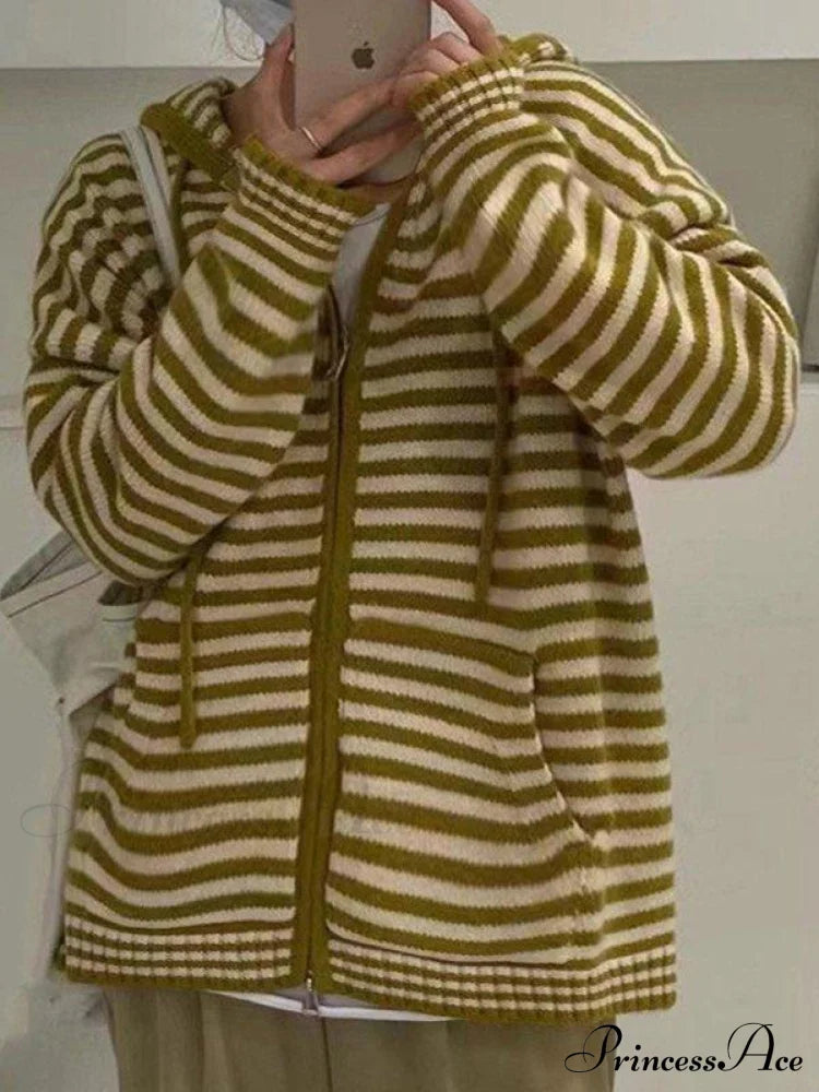 Contrasting Colors Striped Hooded Zipper Sweater Cardigan Casual Long-Sleeved Loose Hoodie Sweaters