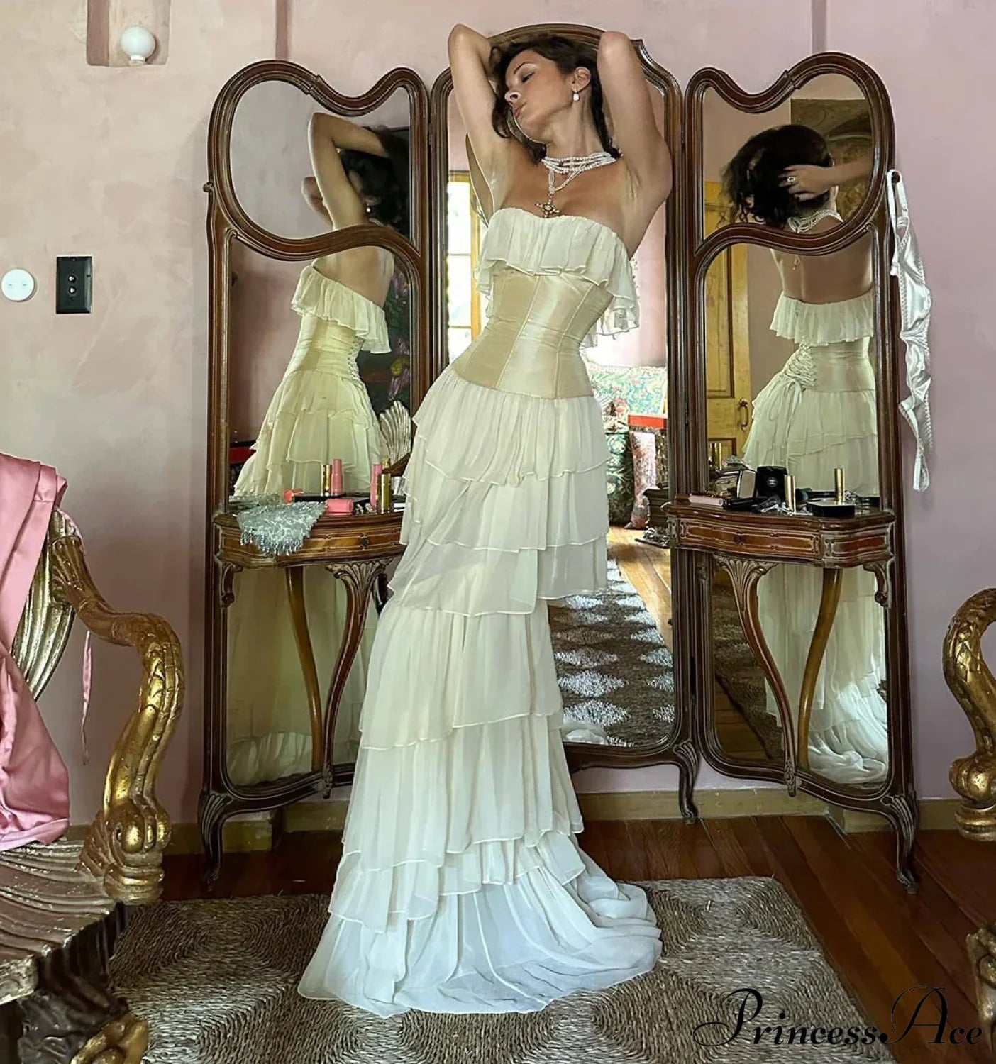 Corset Chiffon Frill Charming Tiered Maxi Dress Long Set