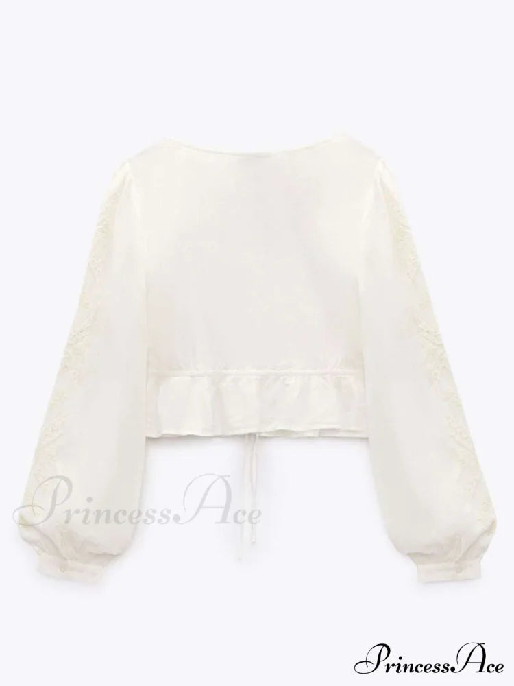 Cotton Embroidered Women’s Crop Arm Drape V-Neck Long Retro Sweet Top