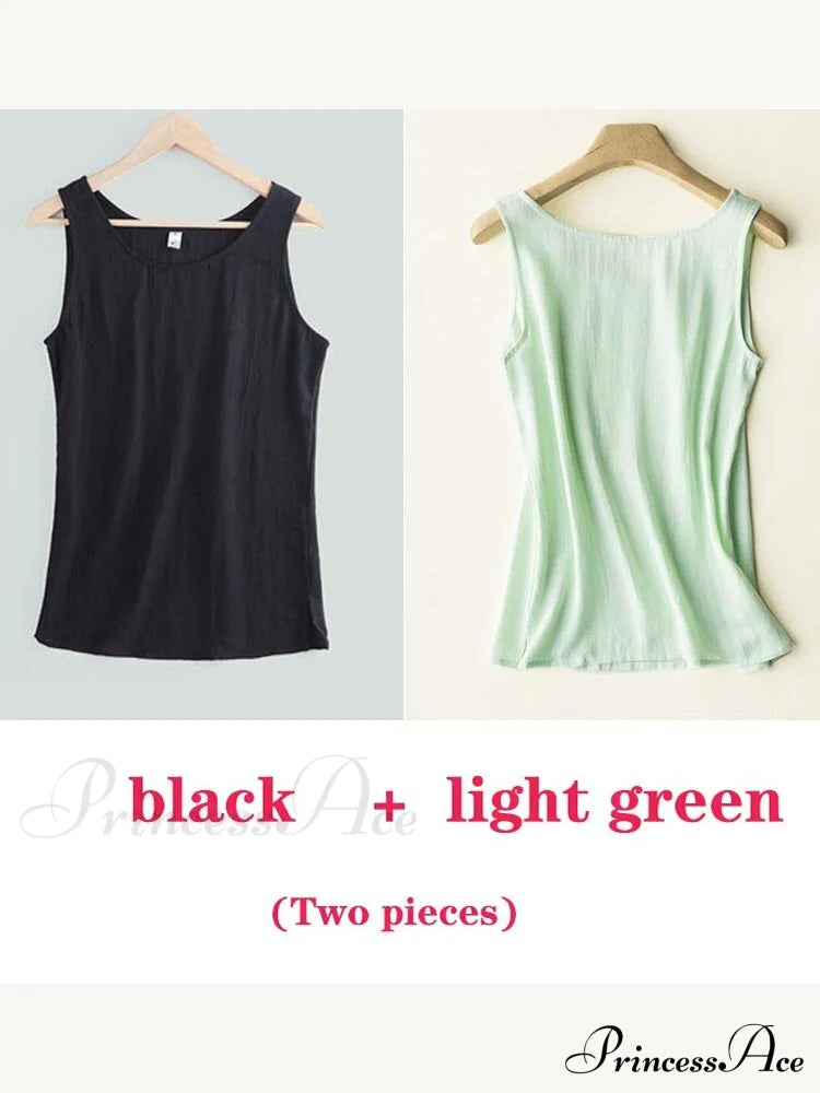 Cotton Linen Sleeveless Tops Black And Lightgreen / S