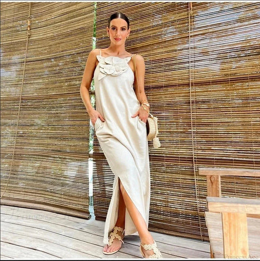 Cotton Linen Split 3D Flower Solid Sling Maxi Dress Beige / S floraldress-250126