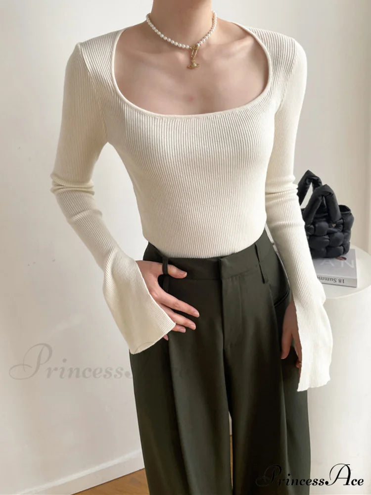 Cream Flare Long Trendy Sleeve Knit Top Off-White / S Sweaters-L