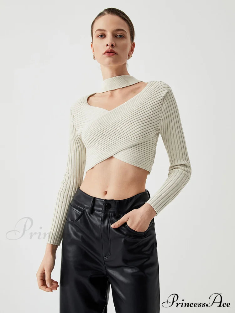 Criss Cross Knit Trendy Halter Crop Top Sweaters-L