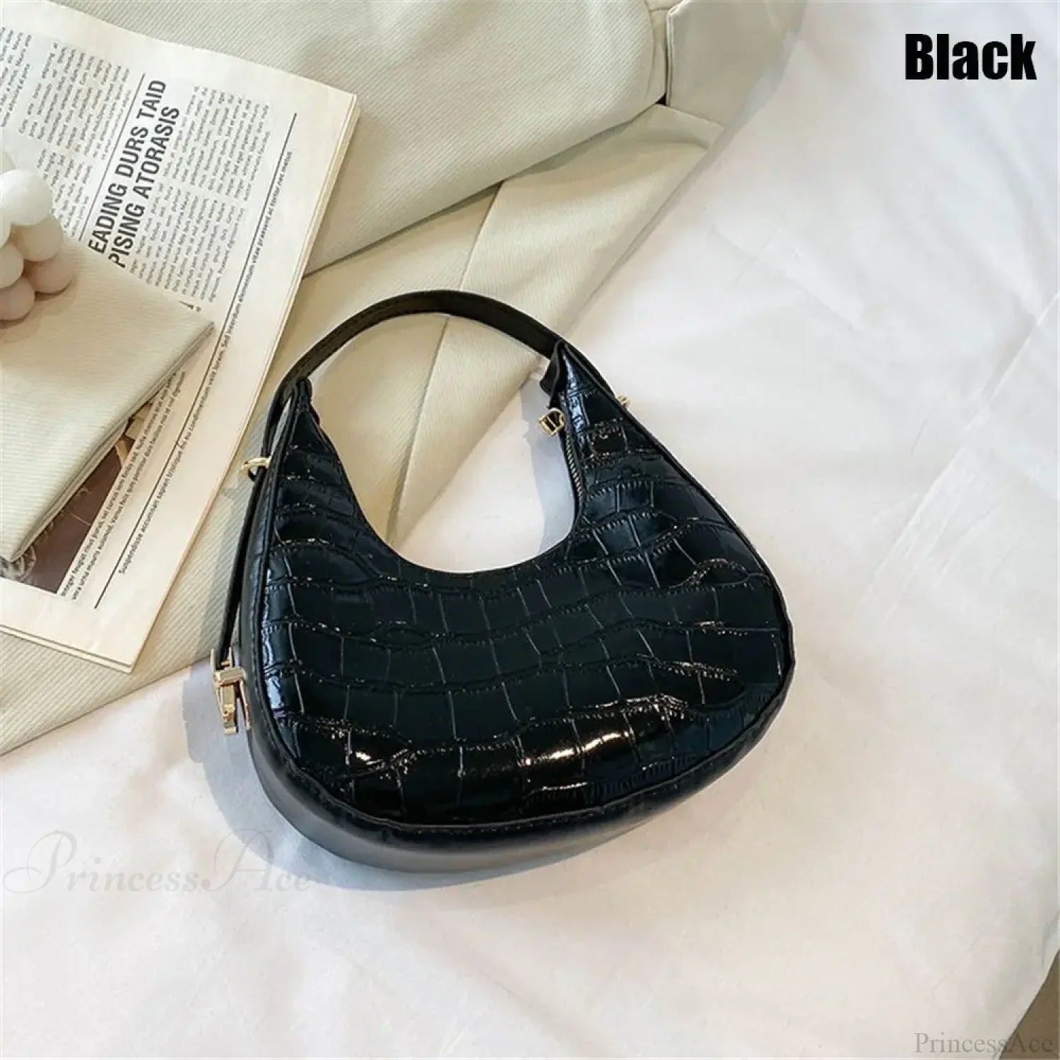Crocodile Grain Simple PU Leather Shoulder Handbag Black handbag-250126