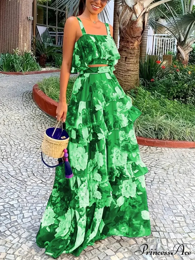 Crop Ruffles Flowered Skirt Two-Piece Tank Design Set L / Blue Floral Chiffon Maxi Dress