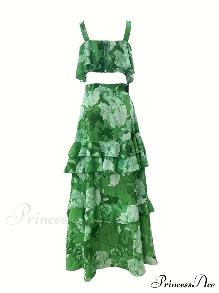 Crop Ruffles Flowered Skirt Two-Piece Tank Design Set M / Red Floral Chiffon Maxi Dress