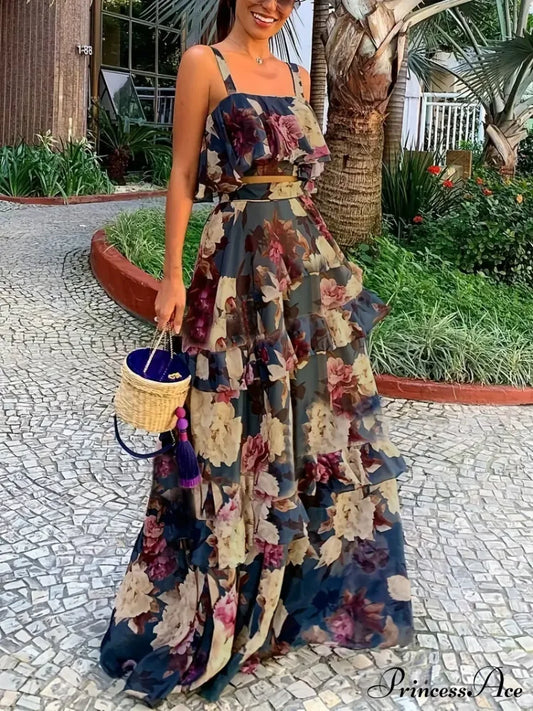 Crop Ruffles Flowered Skirt Two-Piece Tank Design Set S / Blue Floral Chiffon Maxi Dress