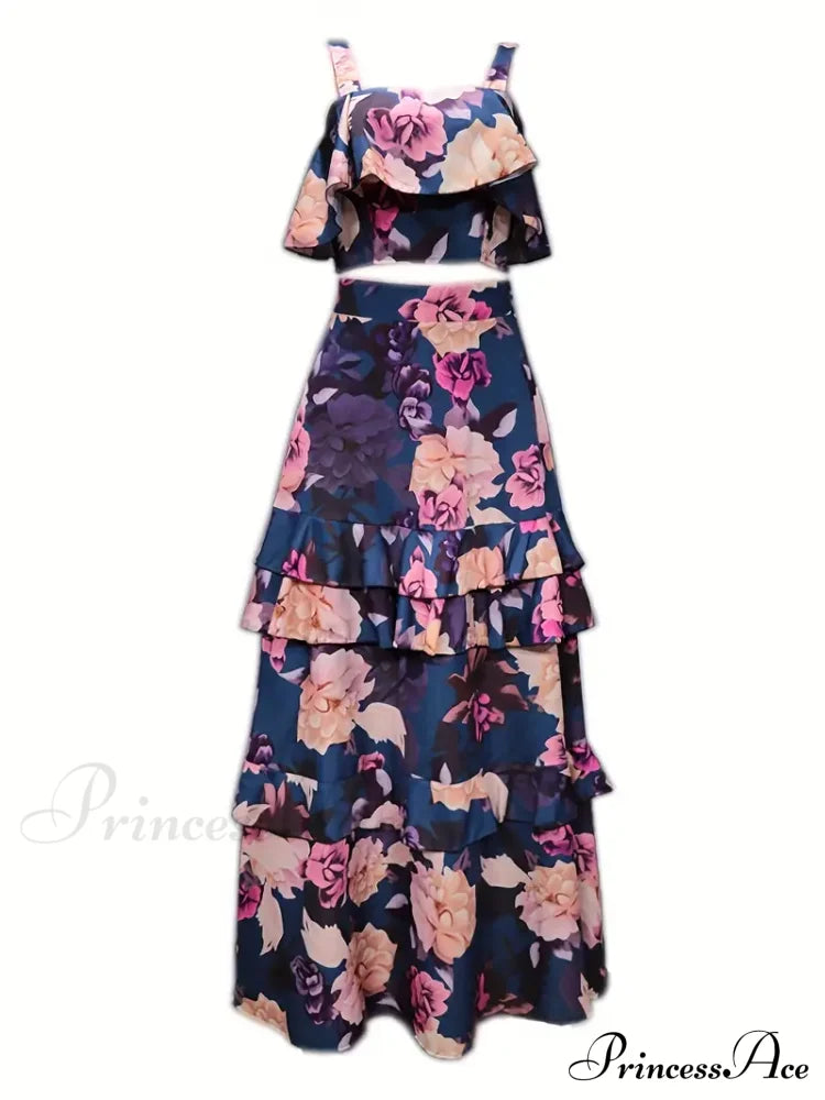 Crop Ruffles Flowered Skirt Two-Piece Tank Design Set S / Red Floral Chiffon Maxi Dress