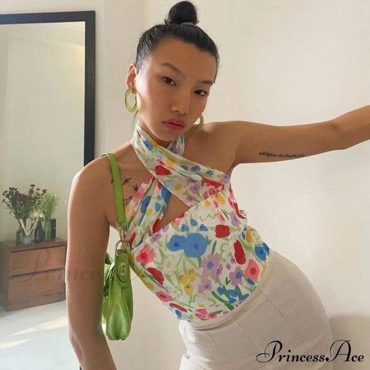 Cute Floral Print Pullover Knit Classic Shorts Matching Set - White M / Colorful Crop Tops