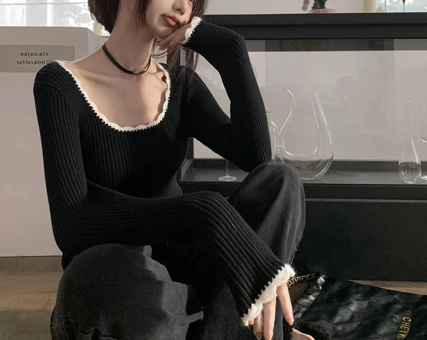 Cute O Neck Long Sleeve Slim Fit Knitted Crop Top knittop-250126