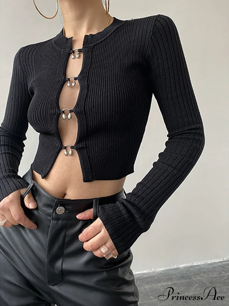 Cutout Split Beads Trendy Detail Ribbed Knit Top Black / Xs Sweaters-L