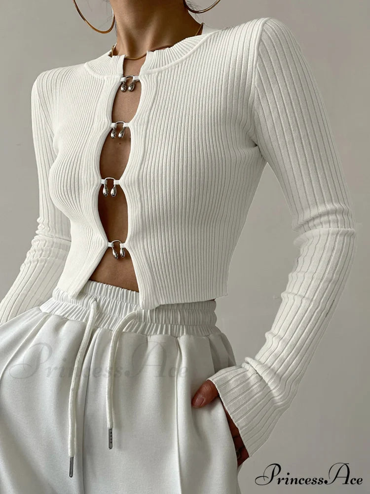 Cutout Split Beads Trendy Detail Ribbed Knit Top White / Xs Sweaters-L