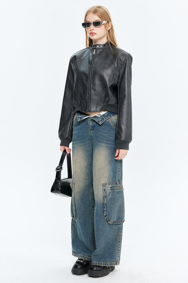 PU Leather Zip Up Bomber Jacket