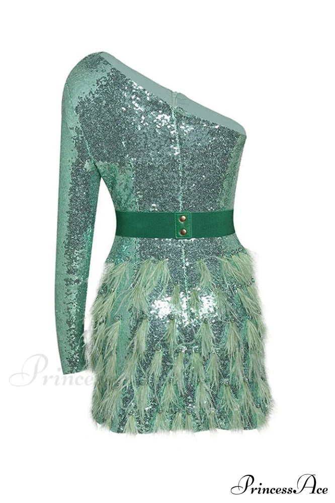 Daria One Shoulder Charming Sequin Feather Dress