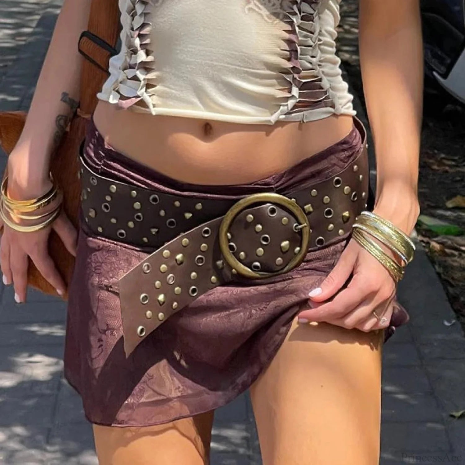 Dark Leather Studded Clasp Belt Brown