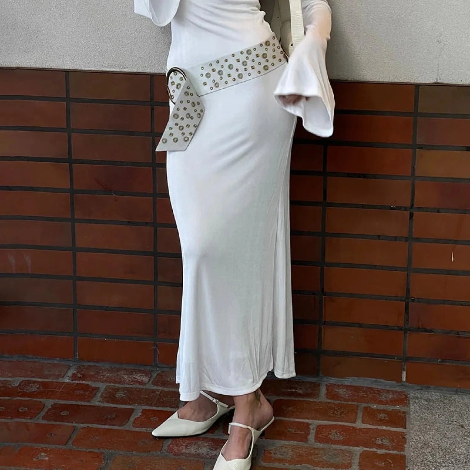 Dark Leather Studded Clasp Belt White