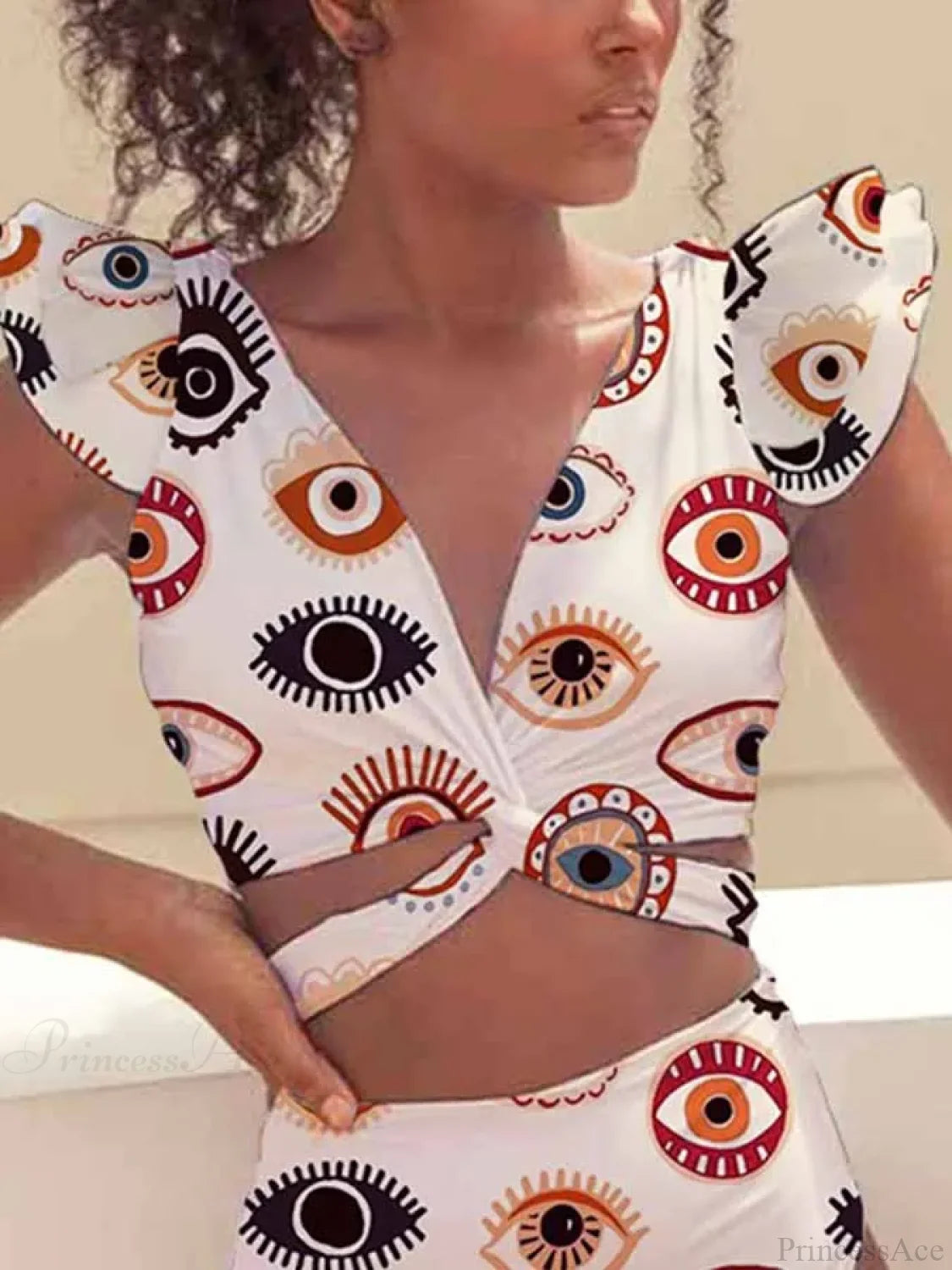 Deep V Eyes Print Chest Strap One Piece onepiece-250223