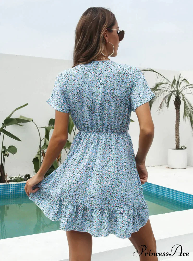 Deep V-Neck Flounces Chiffon Flowered Top L / Pink Dresses