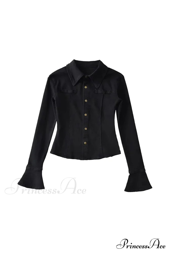 Denim Blouse With Bell Sleeves And Lapel Black / S Blouses