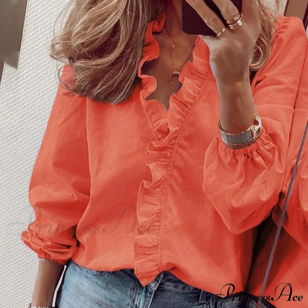 Design Blouse Office Bohemian V-Neck Arm Retro Slim Flowered Brief Women Ruffles Casual Lady Tops