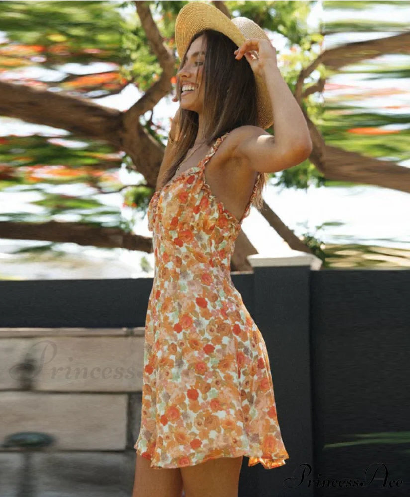 Design Women’s Strap Gown Backless Mini - Waist High With Flowered Ruffle Fashion L / Yellow Dresses