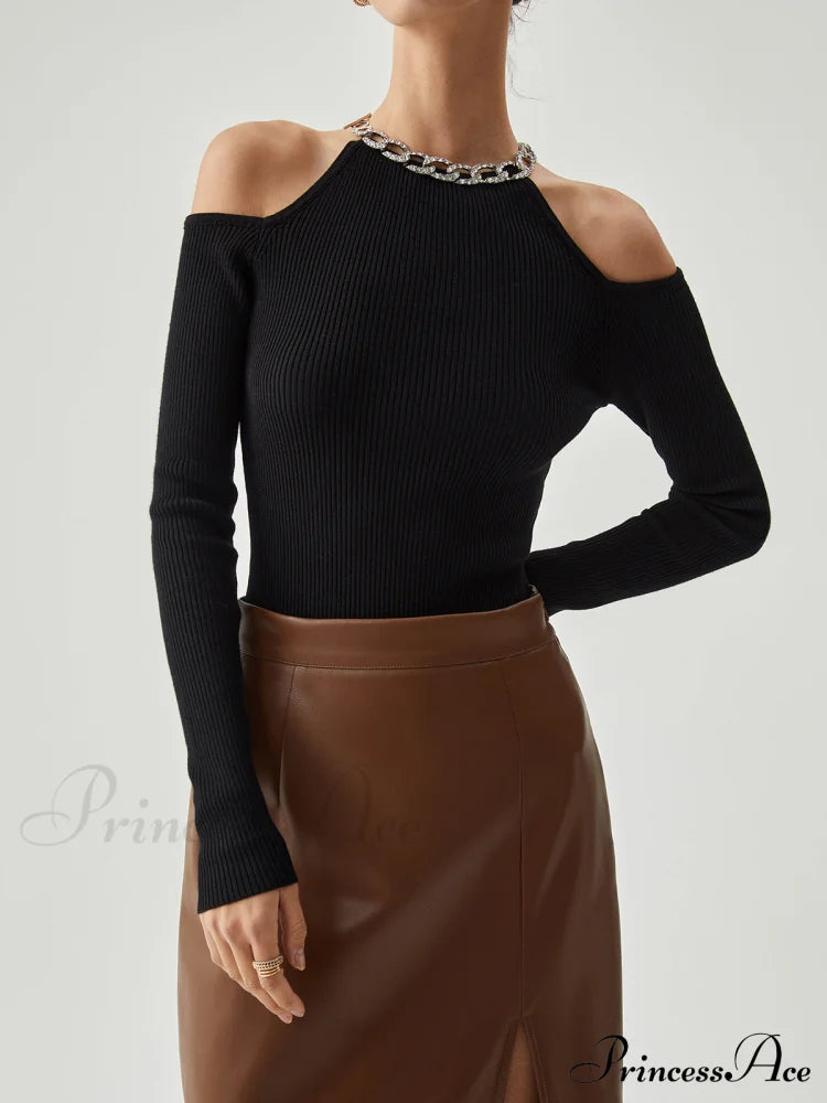 Diamante Neckline Cutout Trendy Long Sleeve Knit Top Black / S Sweaters-L