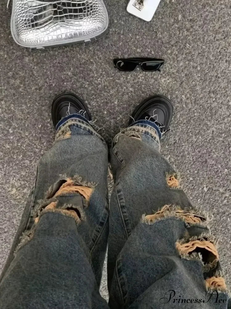 Distressed Trendy Brand Washed Vintage Versatile Wide Leg Design Inset Jean