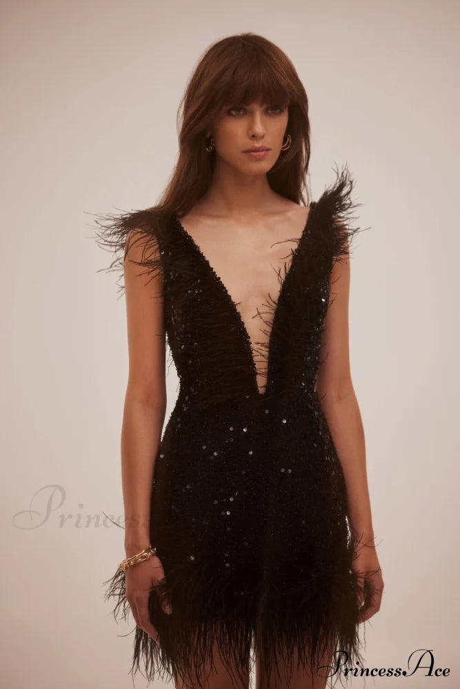 Dramatic Cocktail Dress On Straps Trendy Decorated With Sequins And Feathers