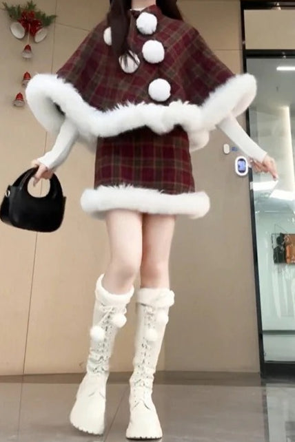 Plaid Cape Cloak Hooded Outerwear