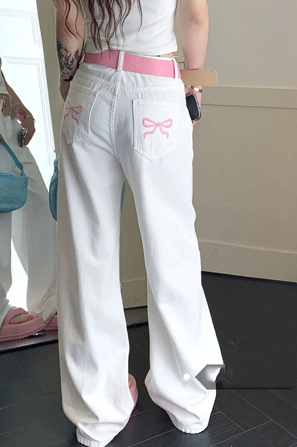 Embroidered Pink Bow Wide Leg Jeans White / XS