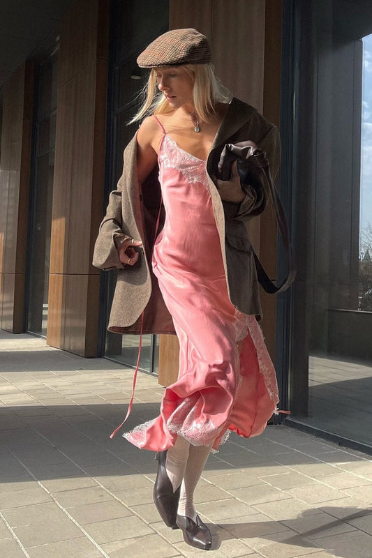 Lace Spaghetti Strap Silk-Like Slit Maxi Dress