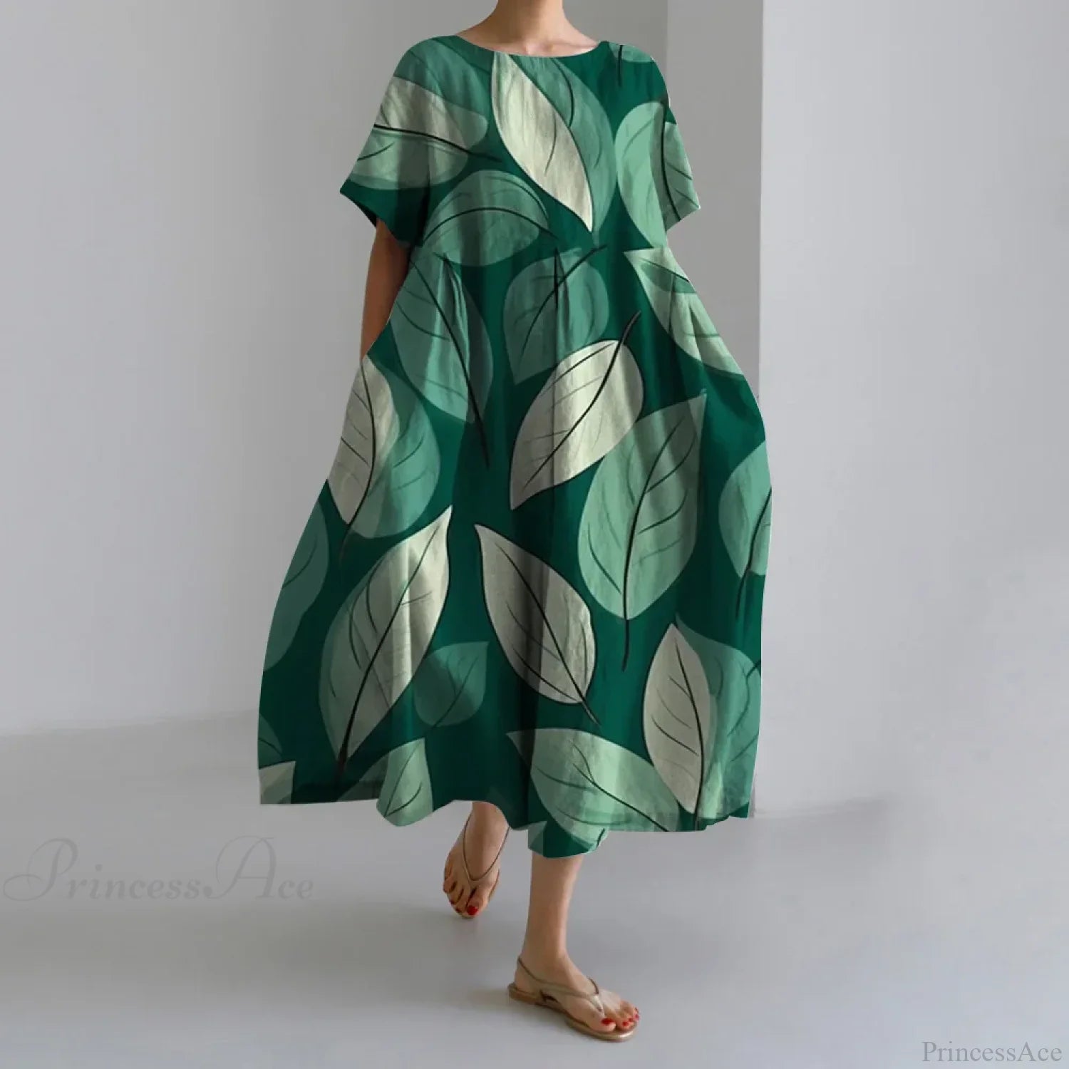 Elegant Autumn Retro Floral Print Round Neck Evening Dress green1 / S oldfloraldress-250126