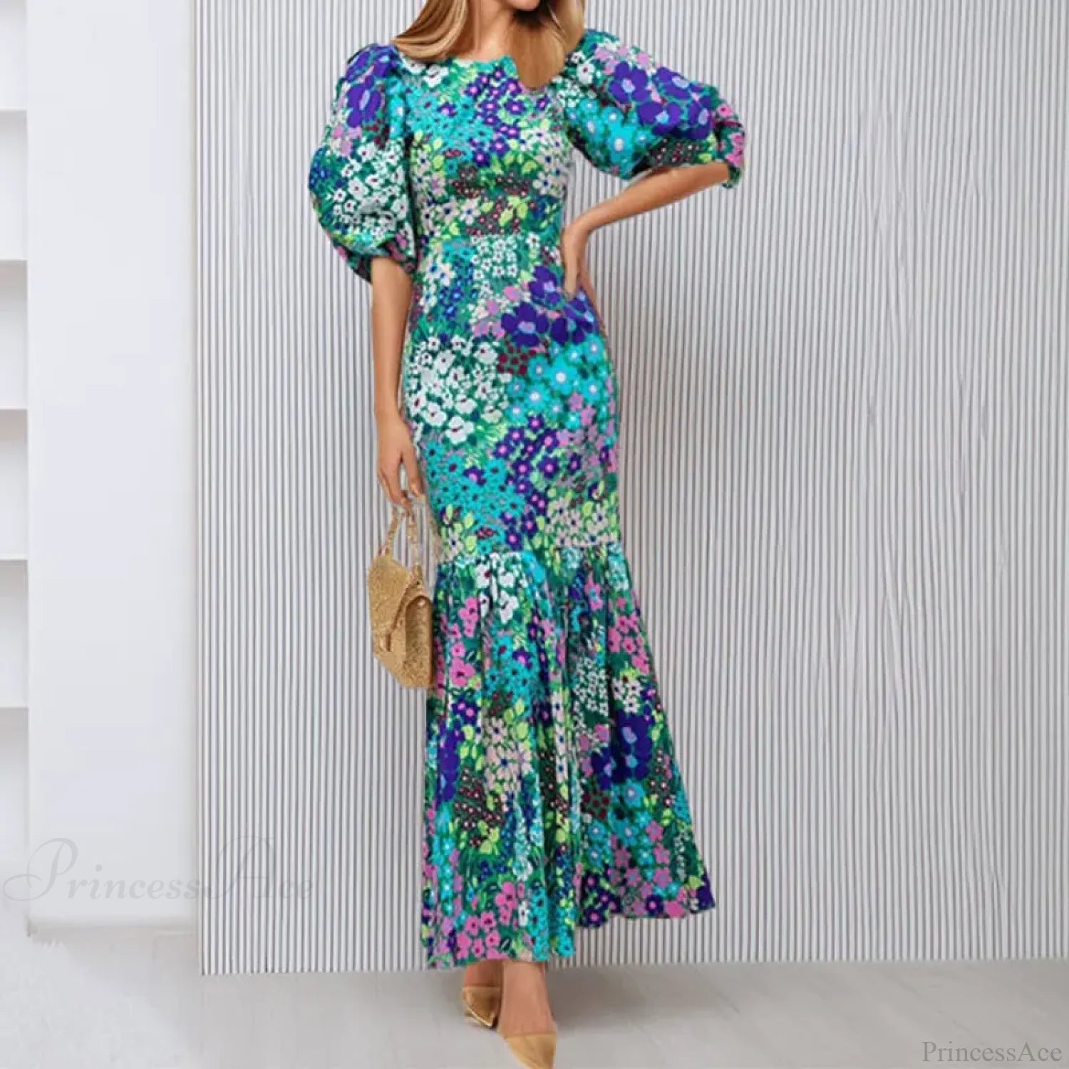 Elegant Blue Floral Lantern Sleeve Dress oldfloraldress-250126