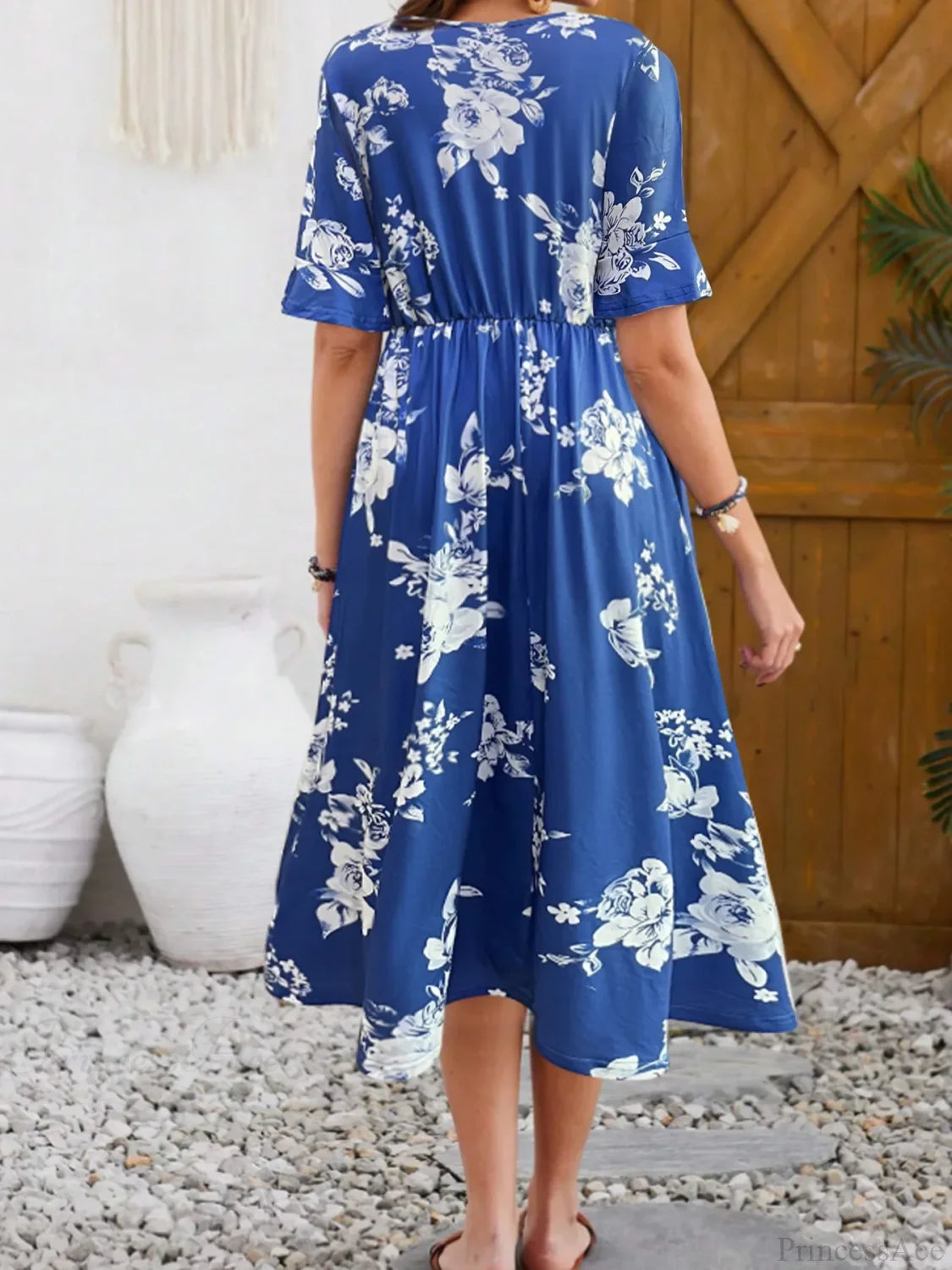 Elegant Fashionable Printed Round Neck Short Sleeve Floral Dress oldfloraldress-250126