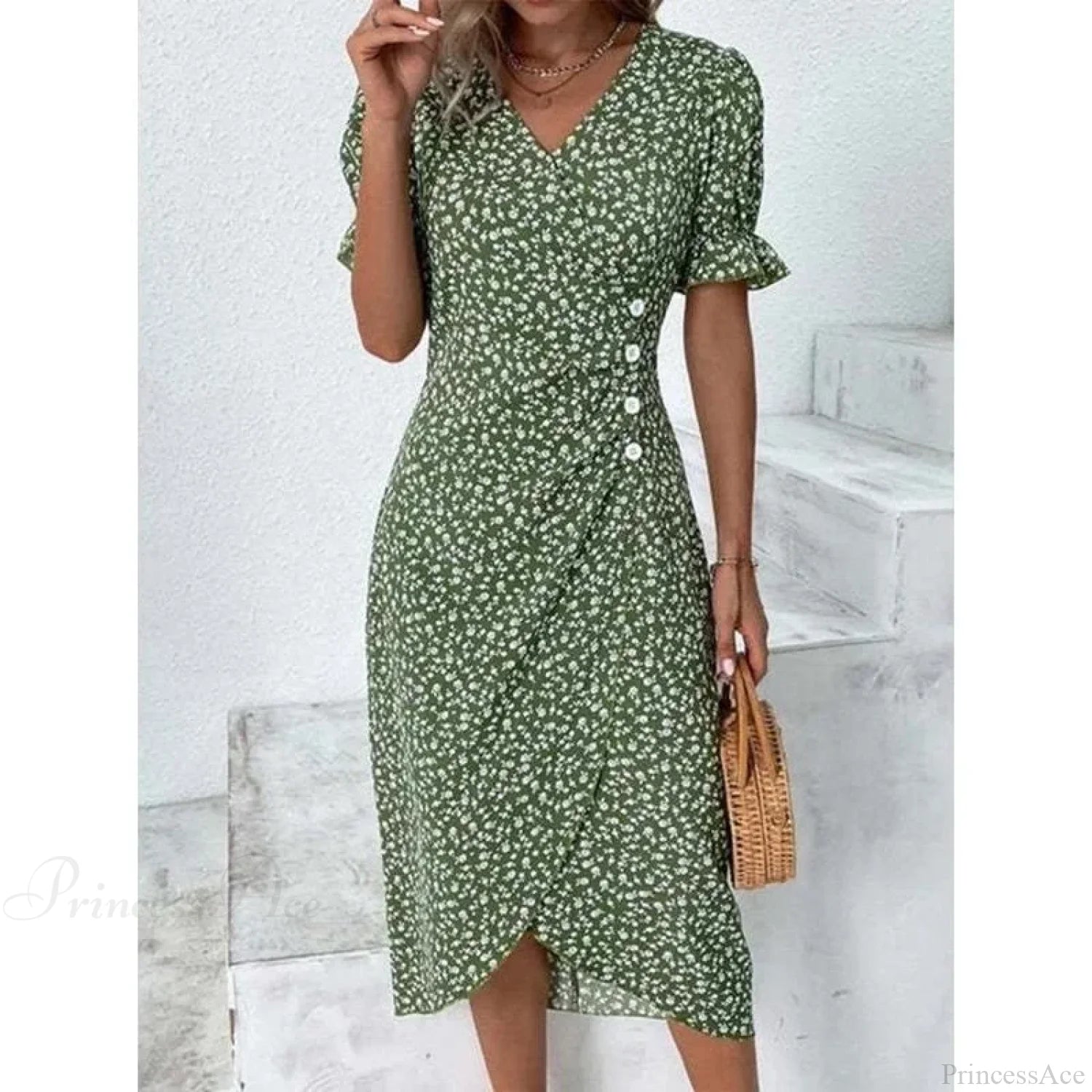 Elegant Floral Midi Puff Sleeve Ruched Waist Floral Dress Green / S oldfloraldress-250126