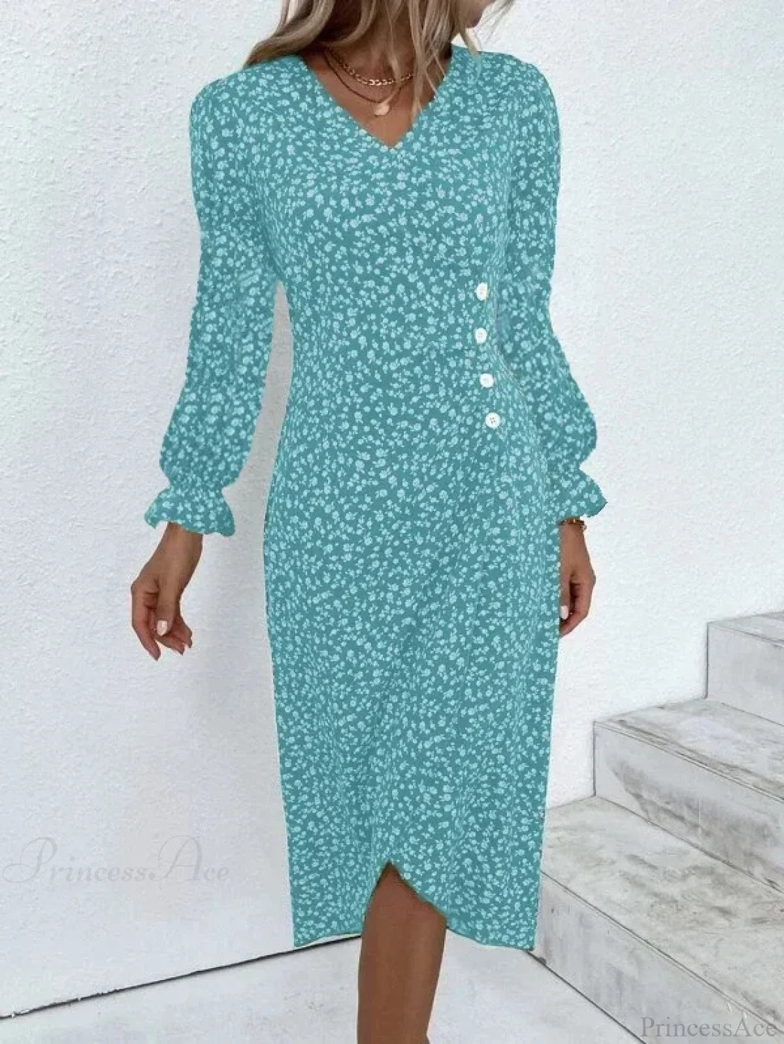 Elegant Floral Midi Puff Sleeve Ruched Waist Floral Dress light blue B / S oldfloraldress-250126