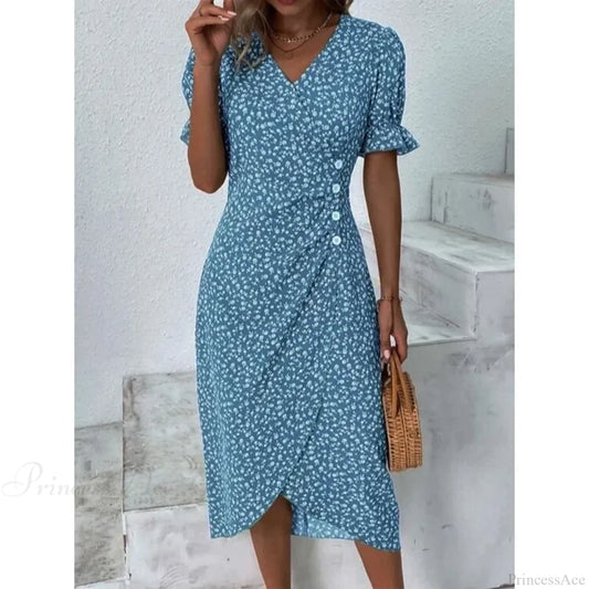 Elegant Floral Midi Puff Sleeve Ruched Waist Floral Dress oldfloraldress-250126