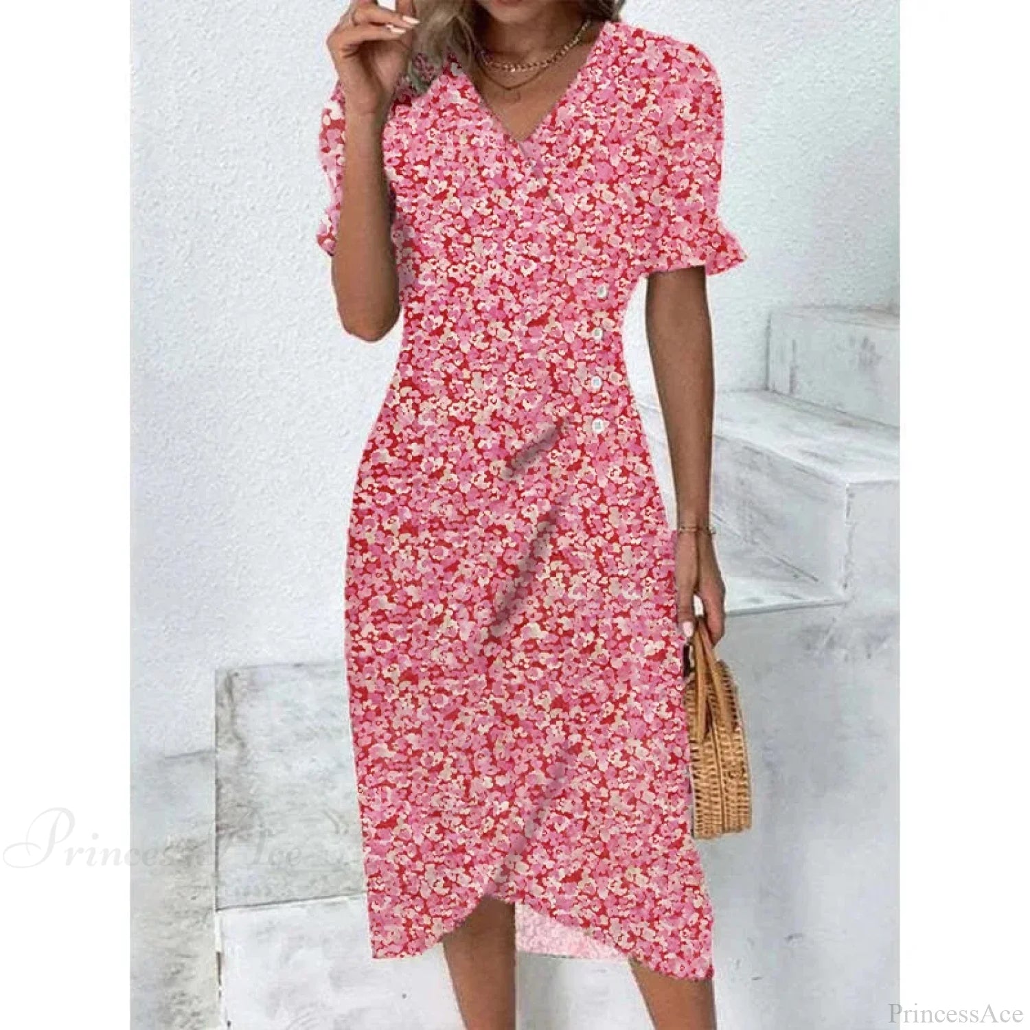 Elegant Floral Midi Puff Sleeve Ruched Waist Floral Dress Red / S oldfloraldress-250126