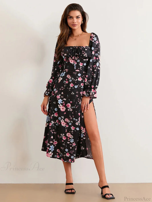 Elegant Floral Midi Puff Sleeve Square Neck Floral Dress BLACK1 / S floraldress-250126
