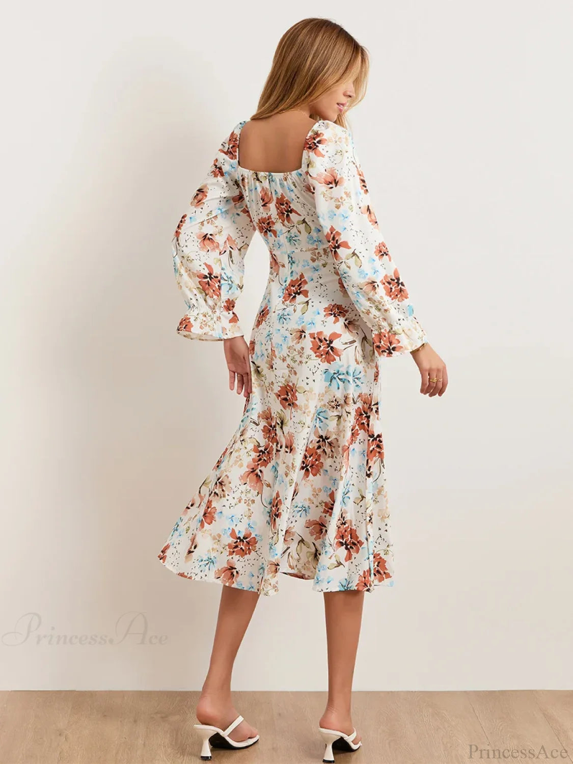 Elegant Floral Midi Puff Sleeve Square Neck Floral Dress floraldress-250126